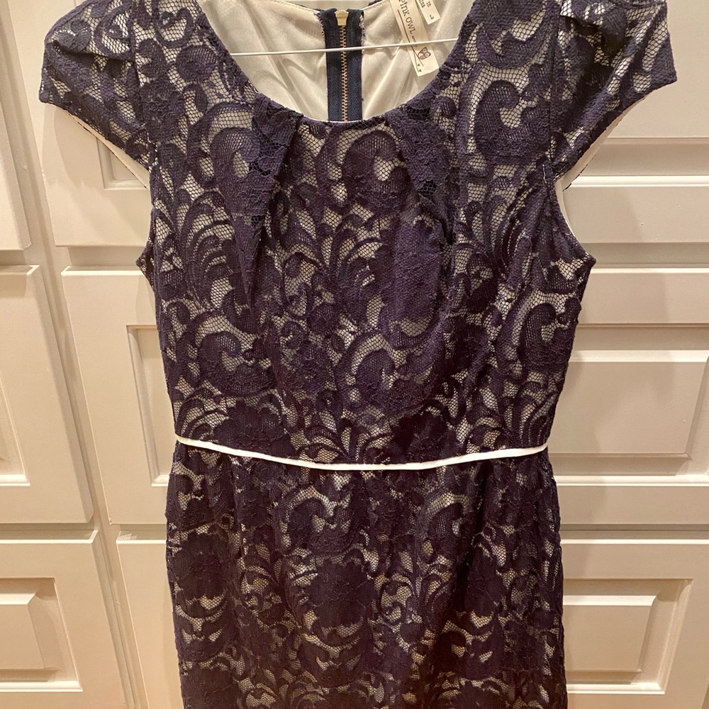 Beautiful navy lace overlay cap sleeve mini dress